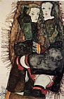 Egon Schiele Wall Art - Two Girls on a Fringed Blanket